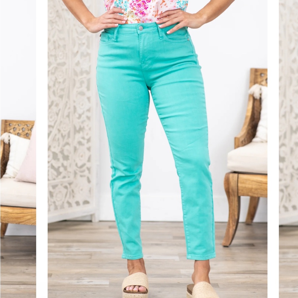 Judy Blue Aqua Teal Garment Dyed Straight Leg Jeans Spring Easter